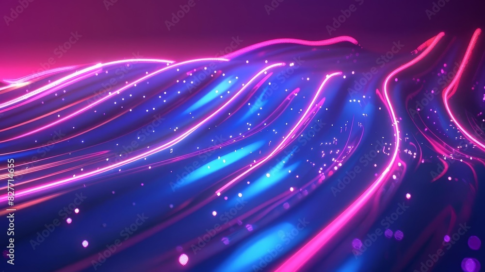 Poster futuristic wavy gradient background with glowing neon lines and particles abstract