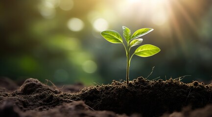 The sprout of the young tree grows on rich soil, with a green background and sunlight shining in spring. 
