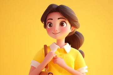 Cheerful 3D girl in yellow outfit, brown ponytail swinging, carries a brown bag against a sunny background. Ideal for projects promoting positivity, youth, and a vibrant lifestyle