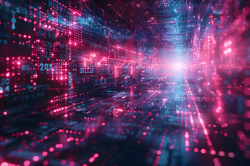 Fototapeta premium Background with technological digital data interface elements - schematics, chains, and numbers. The color palette with cool shades of blue, purple, green and gray, modern and technological look
