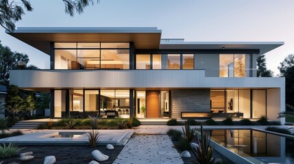 A modern suburban house with a striking facade of warm gingerbread and ash white materials,...