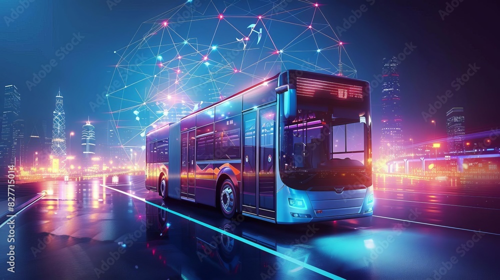 Poster global business internet network connection and iot concept with city bus digital illustration