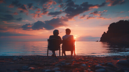 Two individuals relax on chairs, savoring a tranquil ocean sunset together