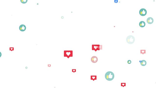 Thumbs up, thumbs down, hashtag, and heart icons floating on white background. SNS, reflecting influencer popularity, likes, dislikes, trends, and social interaction concept. 4K motion graphics