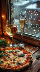 Naklejka premium Margherita Pizza and Glass of Wine on Table