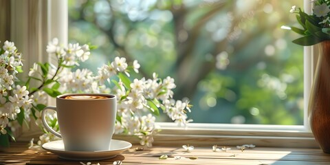 Looped animation of a coffee cup by the window on a spring morning. Concept Looped Animation, Coffee Cup, Window, Spring Morning, Animated Coffee Cup