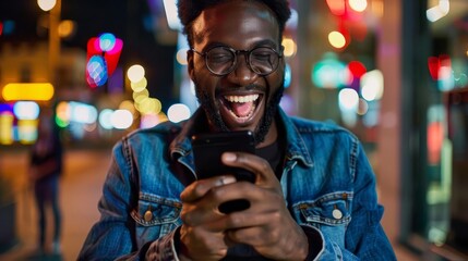 happy guy winning online sports betting on mobile phone app gambling excitement concept