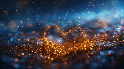 Enchanting Golden Heart Sparkles in a Mystical Blue Bokeh Background