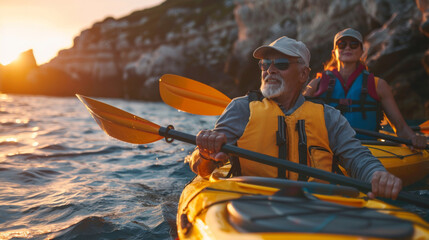 Senior couple peacefully kayaking as the sun sets on the water