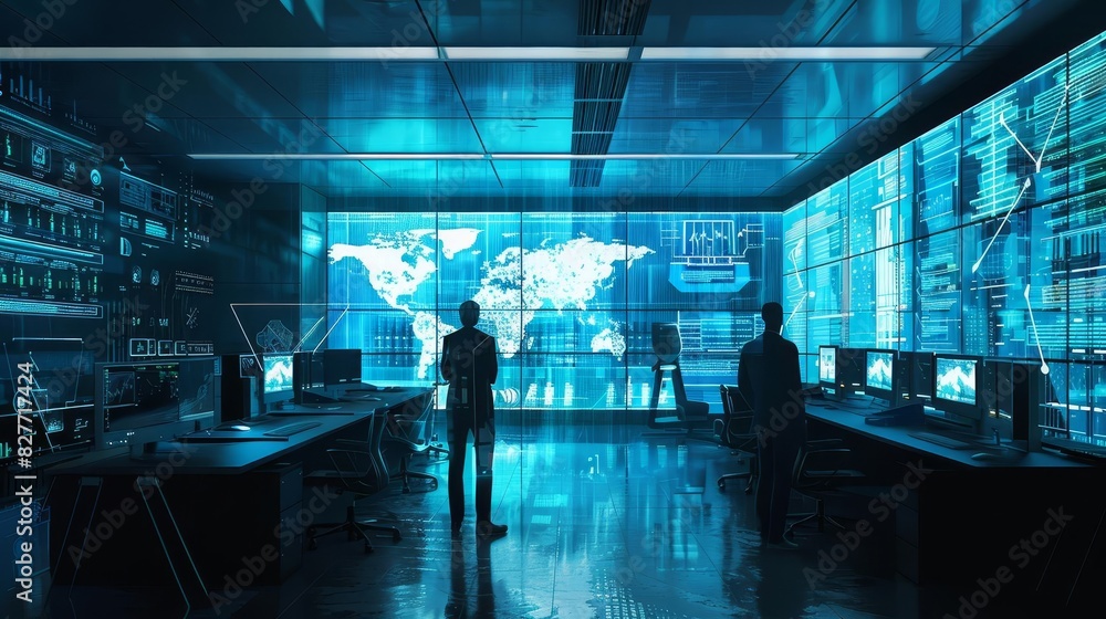 Aufkleber hightech surveillance room with machine learning engineers data monitoring and control digital paint