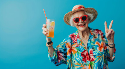 Smiling elderly lady in sunglasses and sunhat holding a refreshing beverage against a blue background