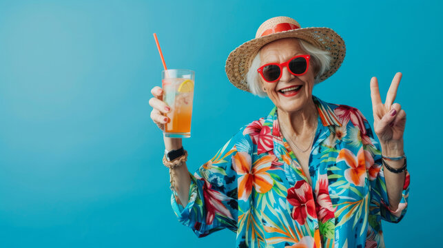 Smiling elderly lady in sunglasses and sunhat holding a refreshing beverage against a blue background