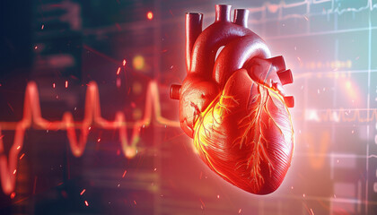 Human heart with red cardiac pulse line.