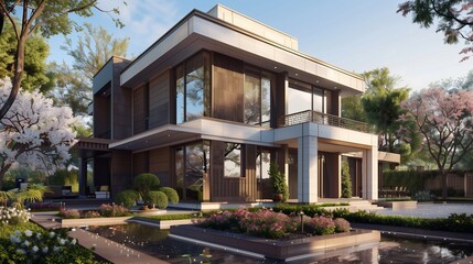 Fototapeta premium A spring morning view of a square suburban house with a striking fa? section ade of cocoa and white materials, large windows gleaming with dew,