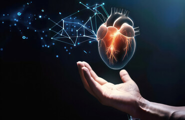 a person holding out their hands with an illustration of the human heart floating above