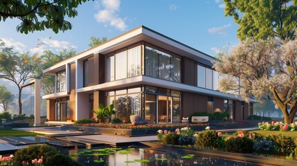 Fototapeta premium A spring morning view of a square suburban house with a striking fa? section ade of cocoa and white materials, large windows gleaming with dew,