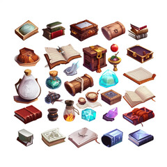 Fantasy themed Game assets of  magical artifacts, including ancient books, glowing crystals, potions, and scrolls, Transparent PNG Background
