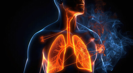 glowing human body with the lungs highlighted in orange on a black background
