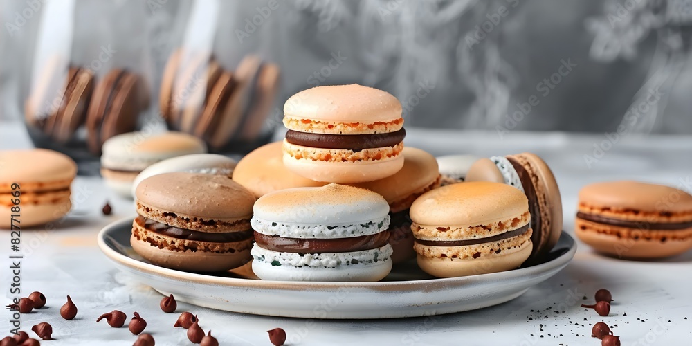 Poster captivating display of colorful macarons on a platter with a shift in focus. concept food photograph