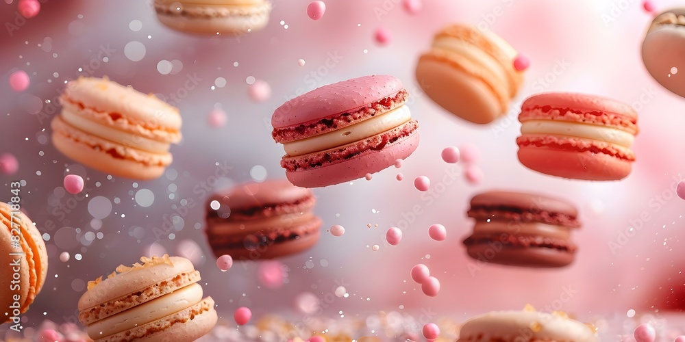 Poster captivating image of assorted macarons cascading down with vibrant backdrop, selective focus, and ce