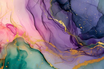 Fototapeta premium Abstract watercolor liquid fluid paint, pastel, purple, pink color and golden lines marbled background, AI generated