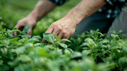 Fototapeta premium A farmer inspects the crops ensuring they are free of any harmful chemicals or pesticides meeting organic standards.