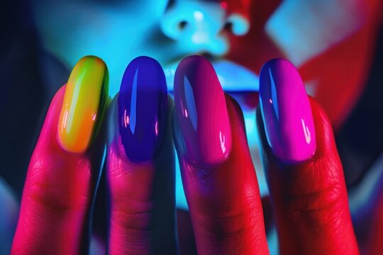 Brightly colored nails glowing under neon lights, creating a vivid and vibrant manicure design with an artistic touch.