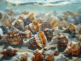 Sunlit Seashells on Sandy Beach Under Shallow Water