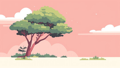 Tranquil serene illustration of a large tree on a hilly landscape at sunrise with clouds in the pastel-colored sky.