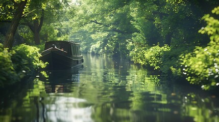 A picturesque view of a narrowboat navigating through a serene canal surrounded by greenery. 8k, realistic, full ultra HD, high resolution and cinematic photography - Powered by Adobe