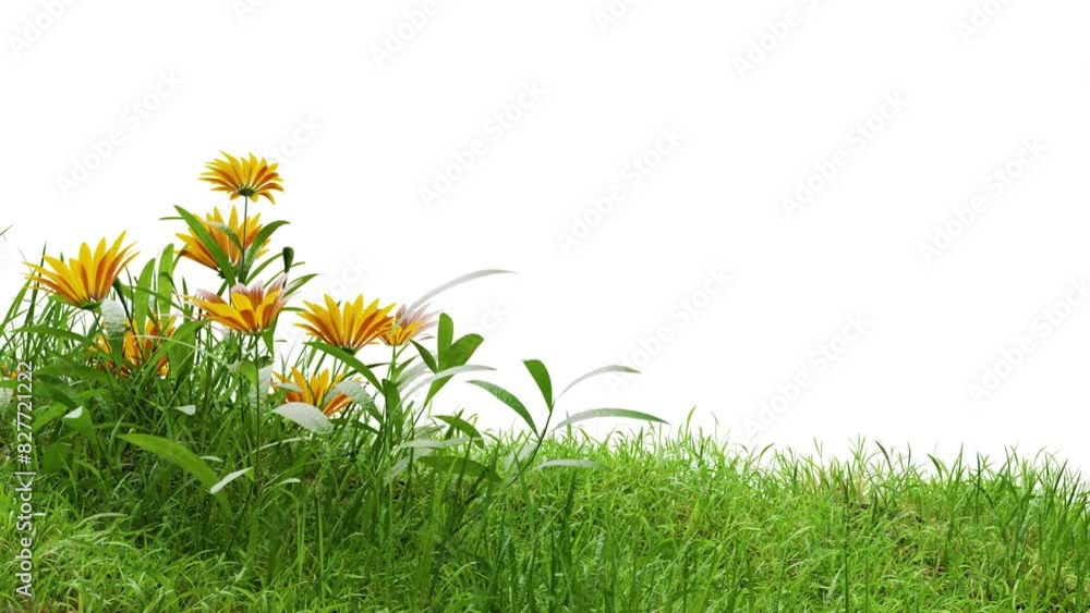 Poster footage of grass with flowers animation with alpha, 3d illustration rendering