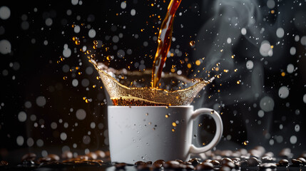 High-Speed Capture of Hot Coffee Pouring into a White Cup
