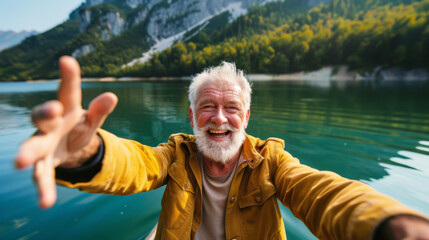 Cheerful elderly man reaching out to camera with beautiful alpine lake backdrop
