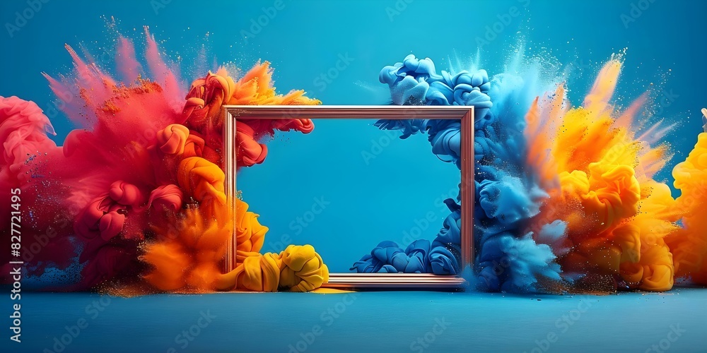 Poster displaying a product with a vibrant paint explosion around an empty frame. concept product photograp