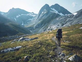 Fototapeta premium Hiking to Remote Locations - Documenting a challenging hike to a remote and stunning location, highlighting adventure. 