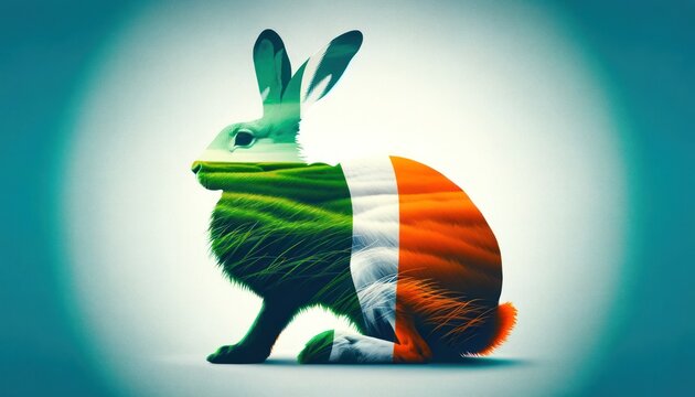 A double exposure silhouette of an Irish Hare filled with the Irish flag