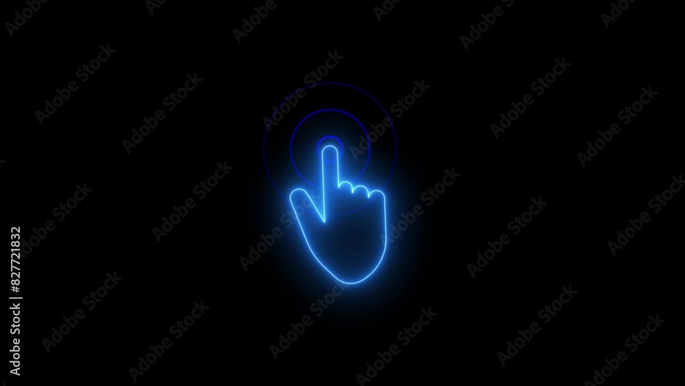 Poster neon glow hand cursor clicking - technology and internet icons animation on black background