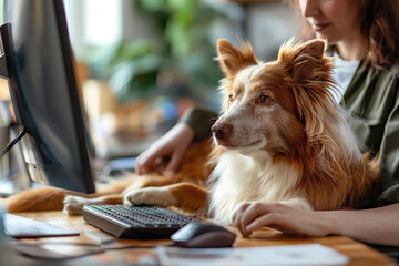 A woman sits on an office chair, her dog next to her, both of them lovingly looking at the monitor. Mixture of professional and private life in a work-from-home setup. Generative AI.