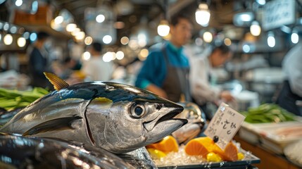 A fish is on a counter with a tag that says "Mai"