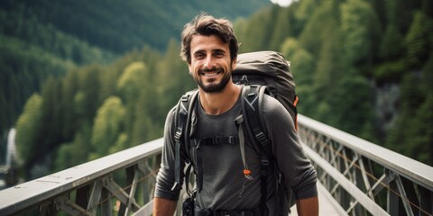 Fototapeta premium A male tourist stands on a mountain bridge in the Alps. Generative AI.