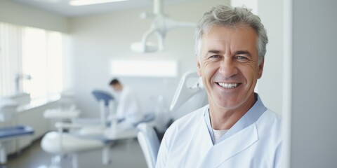 Obraz premium The snow-white smile of a middle-aged man in the dentist’s office. Generative AI.