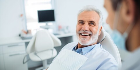 Fototapeta premium The snow-white smile of a middle-aged man in the dentist’s office. Generative AI.
