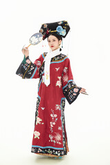 A woman wearing ancient Chinese clothing against a white background.