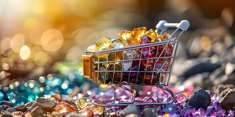 June Showcase: Vibrant Rainbow Gemstones Filling a Shopping Cart. Concept Gemstones, Rainbow Colors, Shopping, June Showcase, Vibrant Colors