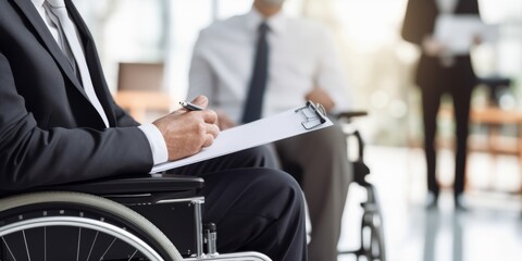 Positive disabled young man in wheelchair working in office. Company CEO in wheelchair reading business report. Generative AI.