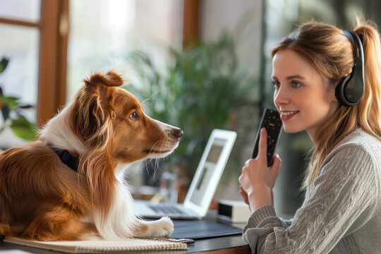 A woman is sitting at a table with a dog and talking on a walkie-talkie. The scene captures an interesting mix of communication and companionship in a unique setting. Generative AI.
