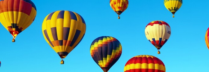 Fototapeta premium Bright hot air balloons soaring into the clear blue sky, Adventure and travel and entertainment concept, summer banner design