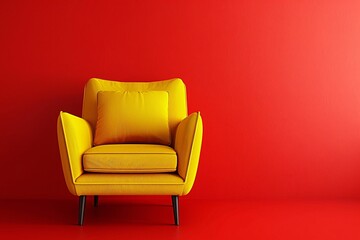 a yellow chair against a red wall