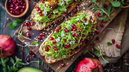Gourmet Avocado Toast with Pomegranate Seeds and Microgreens