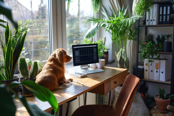 In an interior setting, a dog is perched on a table next to a computer. Natural light streams...